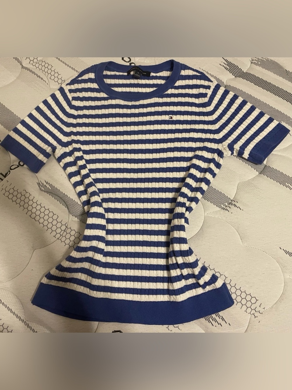Tommy Hilfiger Blue & White Striped Ribbed Short Sleeve Top